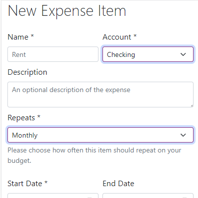 The new expense form with the account and repeat selector highlighted