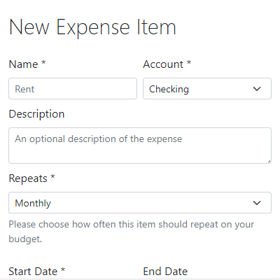 The add a budget item form