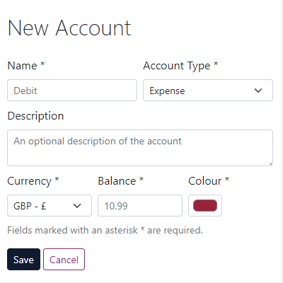 The add a new account form