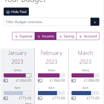 The new income button is highlighted on the Budget Overview