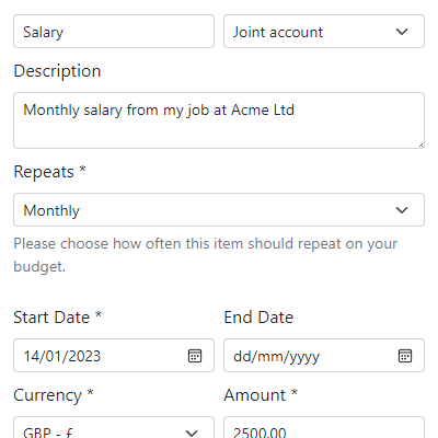 The new income form with example values