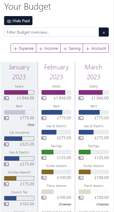 Budget overview screen, shows expenses for each month