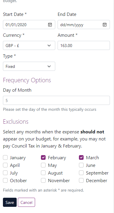 Budget exclusions screen, show that monthly exclusions can be set for monthly expenses