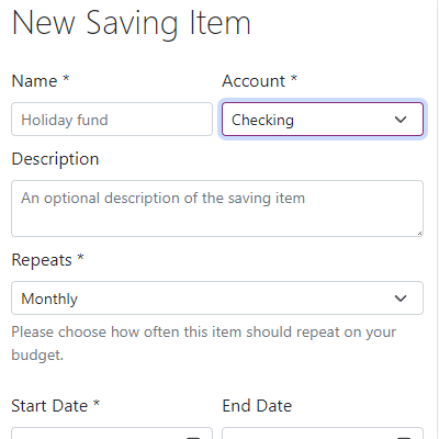 The new savings form with the account selector highlighted
