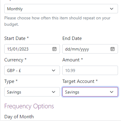 The new savings form with the target account selector highlighted