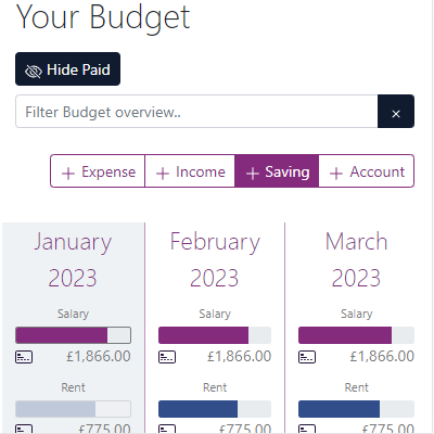 The new savings button is highlighted on the Budget Overview
